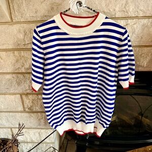 Striped Blue and White Red Short Sleeve Sweater Large *Runs Small*